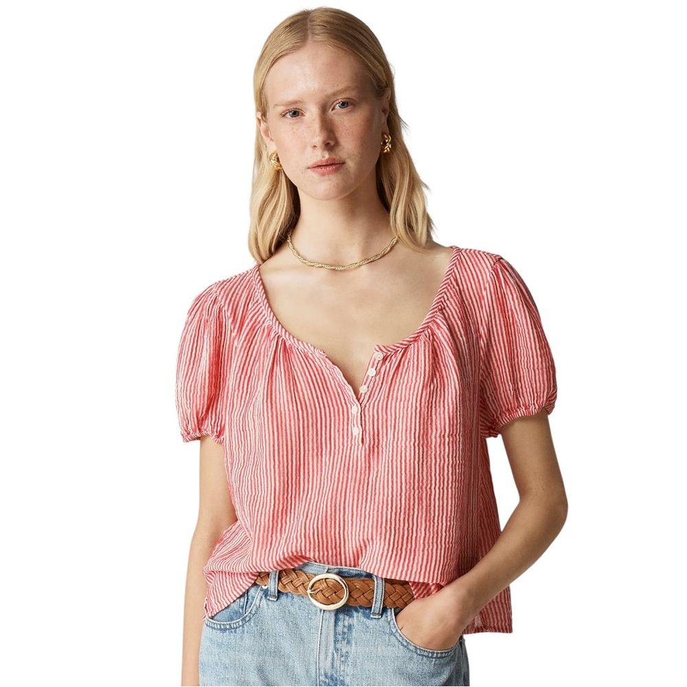 J Crew Puff Sleeve Henley Top Striped Gauze Cotton Red/White Sz M Like New